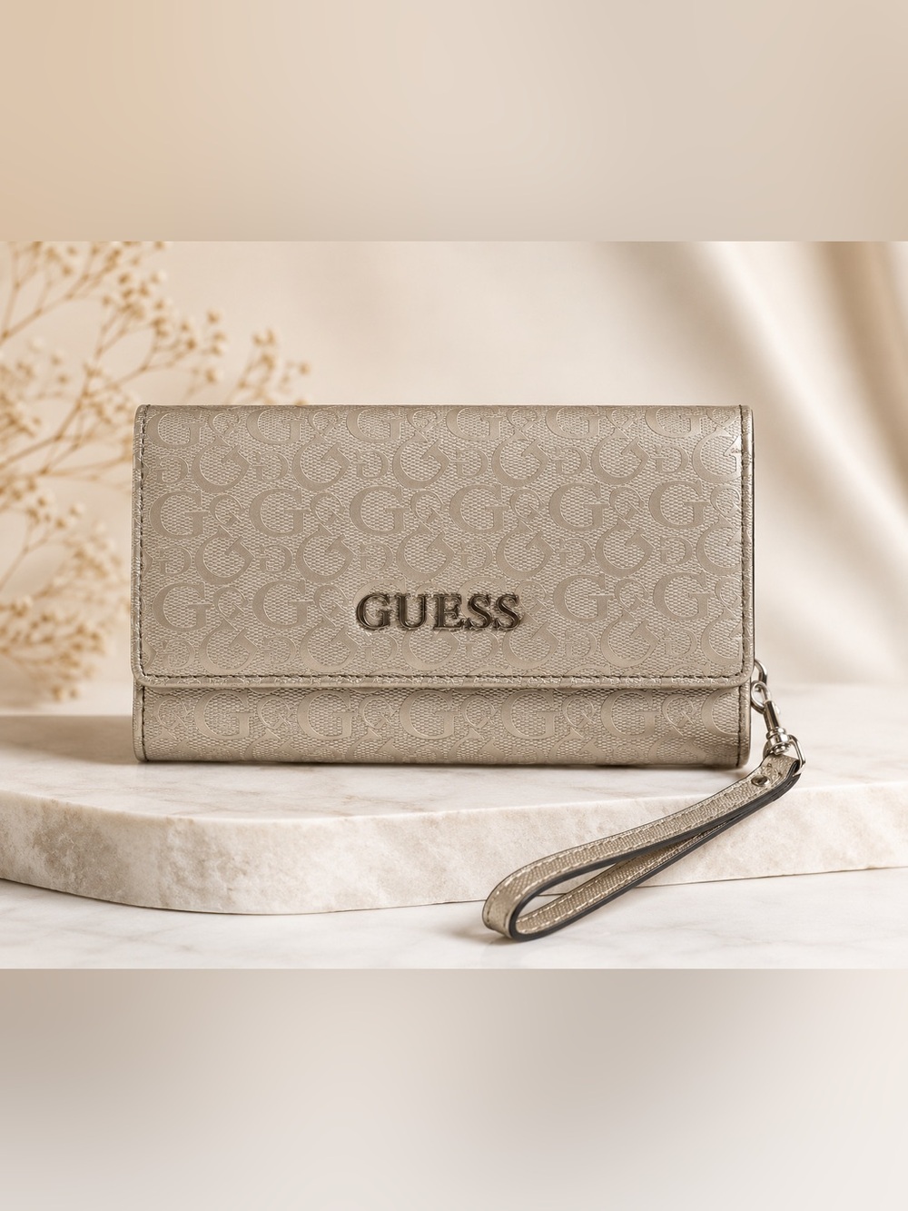 GUESS Taupe Monogram Wristlet Clutch